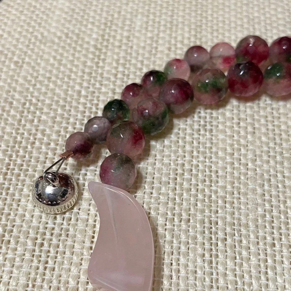 Elegant Artisan Natural Rose Quartz & Pomegranate Jade gemstone 17” Necklace